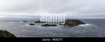 Bellissima vista del paesaggio di Rocky Oceano Atlantico costa durante un giorno nuvoloso. Presi nel sonno Cove, testa di corvo, Twillingate, Terranova, Canada. Foto Stock