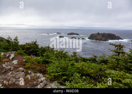 Bellissima vista del paesaggio di Rocky Oceano Atlantico costa durante un giorno nuvoloso. Presi nel sonno Cove, testa di corvo, Twillingate, Terranova, Canada. Foto Stock