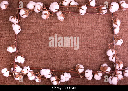 Design floreale con soffice cotone essiccato bolls più ruvida tela marrone. Vista superiore, copia spazio, biglietto di auguri Foto Stock
