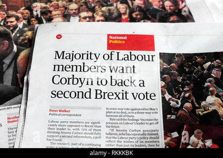 'MAGGIORANZA dei membri laburisti vogliono Corbyn per tornare una seconda votazione Brexit' titolo di giornale articolo del Guardian carta Gennaio 2019 LONDON REGNO UNITO Foto Stock