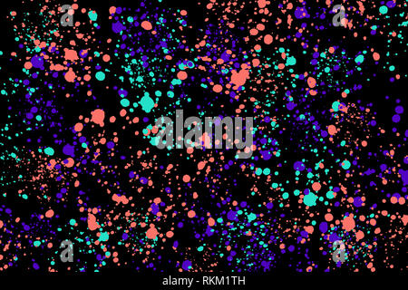 Il neon verde, viola e corallo round casuale gli spruzzi di vernice su sfondo nero. Abstract texture colorate per la progettazione e la decorazione Foto Stock