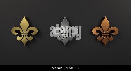 Mardi Gras Fleur de Lis oro, argento , bronzo. 3D Render illustrazione Foto Stock