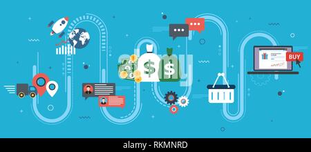 Economia globale, business grafico e successo commerciale. Il denaro e il successo in avvio. Finanza, affari, di avvio e di e-commerce icone, grafico e dati. Appartamento Illustrazione Vettoriale