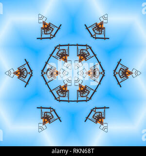 Il design pattern realizzati a partire da una foto industriale. Caleidoscopio geometrica pattern sul mirroring di asse di simmetria di riflessione. Forme colorate come una carta da parati f Foto Stock