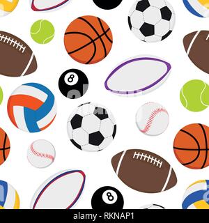 Palle sportive seamless pattern. Calcio, calcio, tennis, baseball, basket, il rugby, il football americano, pallavolo. Design piatto Illustrazione Vettoriale