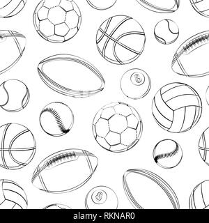 Palle sportive seamless pattern. Calcio, calcio, tennis, baseball, basket, il rugby, il football americano, pallavolo delineano in bianco e nero Illustrazione Vettoriale