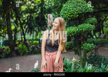 Giovane donna ibes di alimentazione nel parco. Garzetta airone guardabuoi Bubulcus ibis Waters Edge Foto Stock