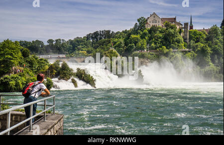 Vista del Rhinefalls (Rheinfall) e la scogliera di casta superiore di Schloss Laufen, cantoni di Zurigo e Sciaffusa, Svizzera Foto Stock