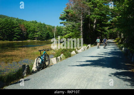Paio di cavalcare le loro biciclette sul Lago Eagle carrello loop road, Parco Nazionale di Acadia, Maine, Stati Uniti d'America. Foto Stock
