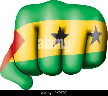 Sao Tome e Principe bandiera e la mano su sfondo bianco. Illustrazione Vettoriale Illustrazione Vettoriale
