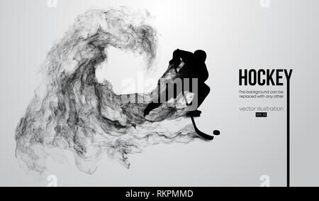 Silhouette astratta di un giocatore di hockey su sfondo bianco da particelle. Giocatore di Hockey colpisce il puck. Vettore Illustrazione Vettoriale