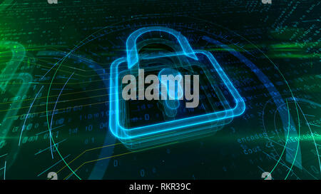 Digital il simbolo del lucchetto nel cyberspazio. Abstract 3D illustrazione di cyber security icona sullo sfondo digitale. Foto Stock