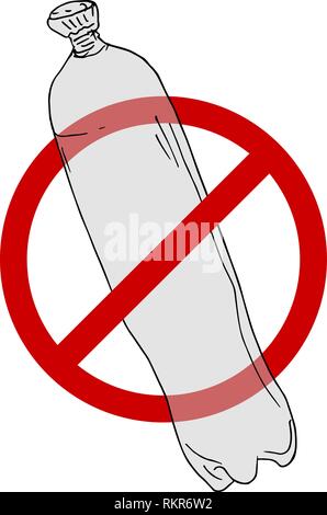 Dire di no a plasticbottle. Le bottiglie di plastica nel negare segno isolato su sfondo bianco. Arrestare distruggendo la nostra terra. La Giornata Mondiale dell Ambiente illustra vettore Illustrazione Vettoriale
