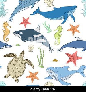 Modello senza giunture di cartoon creature del mare. Mammiferi marini illustrazione. Illustrazione Vettoriale Illustrazione Vettoriale