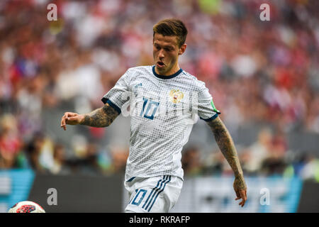 Mosca, Russia - Luglio 1, 2018 Russia national football team scontrino Fedor Smolov durante la Coppa del Mondo FIFA 2018 Round di 16 corrispondono Spagna vs Russia. Foto Stock