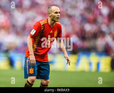 Mosca, Russia - Luglio 1, 2018. Spagna nazionale di calcio centrocampista Andres Iniesta durante la Coppa del Mondo FIFA 2018 Round di 16 corrispondono Spagna vs Russia. Foto Stock