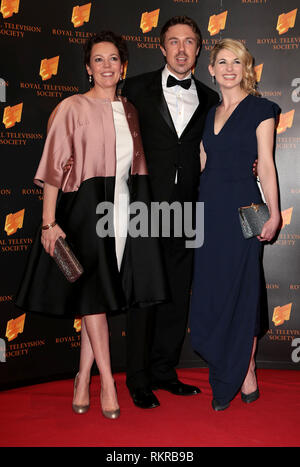 Olivia Colman, Andrew Buchan e Jodie Whittaker arriva al programma RTS premi al Grosvenor House di Londra Foto Stock