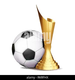 Soccer Game Award vettore. Sfera di calcio, Golden Cup. Torneo di moderno. Elemento di design per la promozione dello sport. Sfera di calcio. Concorrenza Soccer League Illustrazione Vettoriale