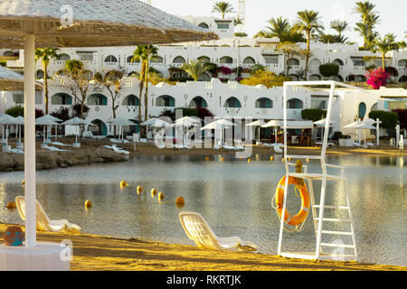 Spiaggia del resort con Palm tree al litorale riva del Mar Rosso a Sharm el Sheikh, Sinai, Egitto. Foto Stock