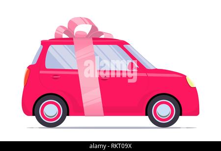 Carino piccolo auto come un dono, con il nastro rosa e la prua. Vettore illustrazione piana, isolato Illustrazione Vettoriale