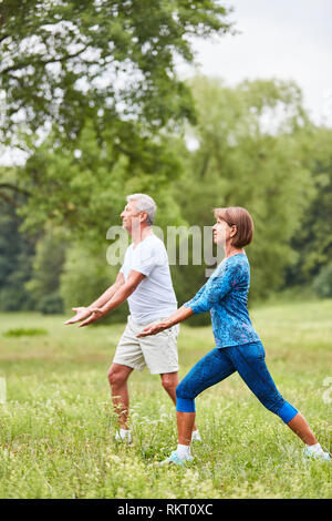 Coppia senior facendo un tai chi esercizio in una classe di benessere nella natura Foto Stock