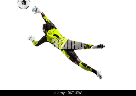 Maschio di giocatore di calcio portiere cattura palla in salto. Silhouette di montare l'uomo con sfera isolato su bianco di sfondo per studio Foto Stock