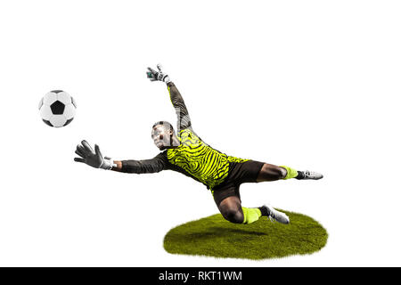 Maschio di giocatore di calcio portiere cattura palla in salto. Silhouette di montare l'uomo con sfera isolato su bianco di sfondo per studio Foto Stock