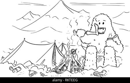 Disegno animato di Yeti che sta mangiando o divorando alpinista in Campo Base Illustrazione Vettoriale