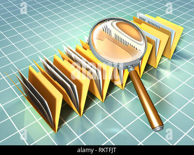 Alcune cartelle di documenti sotto una lente di ingrandimento. Illustrazione Digitale. Foto Stock
