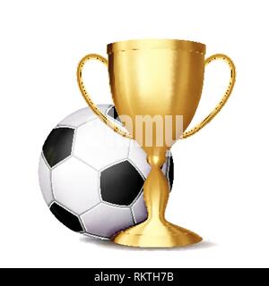 Soccer Award vettore. Sfera di calcio, Golden Cup. Per la promozione dello sport. Torneo di campionato, flyer design. Football Club, Academy. Elemento di invito Illustrazione Vettoriale