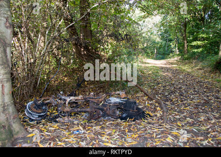 Sheffield, UK: Ott 20 2016: Un bruciata vecchio arrugginito ciclomotore abbandonato nei boschi accanto al percorso di foresta in cui è stato impostato sul fuoco, nel burrone Woodthorpe Foto Stock