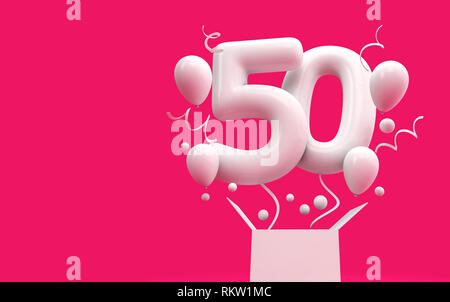 Felice cinquantesimo compleanno sorpresa palloncino e box. Il rendering 3D Foto Stock