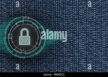 White icona a forma di lucchetto protetto la privacy dei dati in ambiente internet. sfondo sul codice binario bit. Foto Stock
