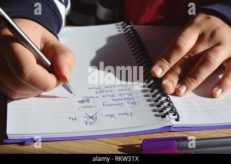 Giovane donna seduti ad una scrivania, l'aggiornamento di un elenco di propositi per l'anno nuovo in una rilegatura a spirale notebook, a partire da gennaio a secco. Anno nuovo, vecchio di me Foto Stock