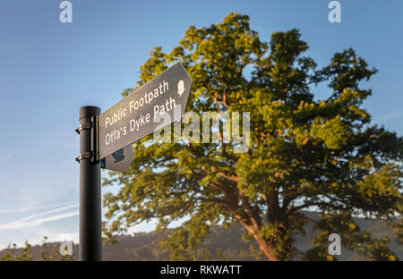 Offa's Dyke sentiero segno nella valle del Wye Bigsweir vicino. Foto Stock