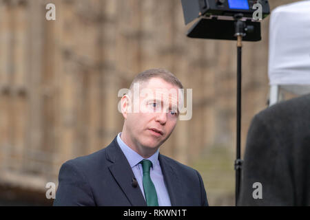 Londra 12 febbraio 2019, Chris Hazzard Sinn Fein MP per il sud verso il basso essendo intervistato su Brexit su College Green, Londra Credit Ian Davidson/Alamy Live News Foto Stock