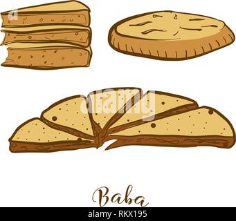 Schizzi colorati di Baba pane. Vettore di disegno di vario spessore, pane rotondo cibo, usualmente noto in Cina Yunnan, naxi, persone. Pane colorato illust Illustrazione Vettoriale