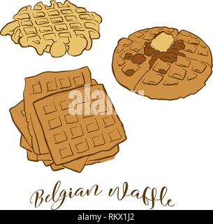 Schizzi di colore della cialda belga pane. Vettore di disegno Waffle cibo, usualmente noto in Belgio. Pane colorato illustrazione serie. Illustrazione Vettoriale