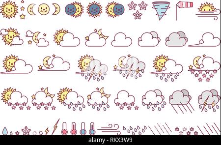 Vector carino icone meteo. Meteo clima impostato Illustrazione Vettoriale