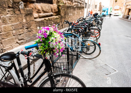 Firenze, Italia fuori esterno dell edificio di architettura a Firenze Toscana con fiori viola sulla bicicletta con fila di biciclette sul rack Foto Stock