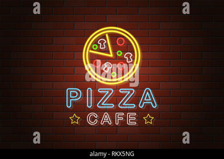 Incandescente insegna al neon pizza cafe illustrazione vettoriale sul muro di mattoni in background Foto Stock