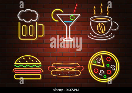 Incandescente insegna al neon di fast food e bere illustrazione vettoriale isolati su sfondo bianco Foto Stock