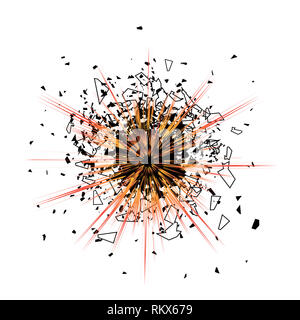 Esplosione nuvola di pedine nere su sfondo bianco. Particelle taglienti battenti in modo casuale Foto Stock
