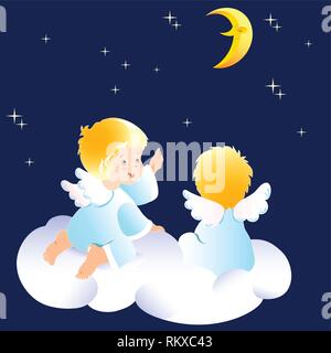 Carino piccoli angeli seduti sulle nuvole. Essi guardare il cielo notturno e indicare la luna. Illustrazione fatto su livelli separati. Illustrazione Vettoriale