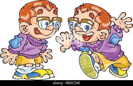La figura riportata di seguito mostra le diverse posizioni di un piccolo ragazzo in occhiali.Egli è divertente gioco e giocattoli. Illustrazione fatta in stile cartoon Illustrazione Vettoriale