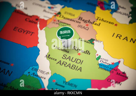 Arabia Saudita marcati con un contrassegno sulla mappa Foto Stock