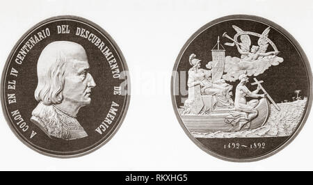 Medaglia commemorativa per celebrare il 400° anniversario di Colombo la scoperta dell'America nel 1492. Da La Ilustracion Española y Americana, pubblicato nel 1892. Foto Stock