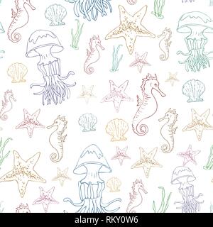 Modello senza giunture tema marittimo. Meduse, cavalluccio, stelle marine, mare elementi di erba sono dipinte a mano. Illustrazione Vettoriale. Illustrazione Vettoriale