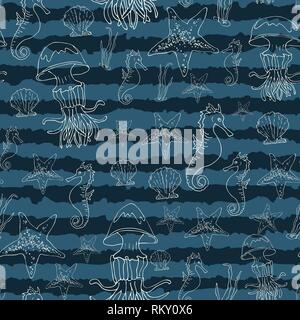 Modello senza giunture tema marittimo. Meduse, cavalluccio, stelle marine, mare elementi di erba sono dipinte a mano. Illustrazione Vettoriale. Illustrazione Vettoriale