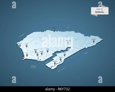 Isometrica, 3D Senegal mappa, illustrazione vettoriale con città, frontiere, capitale, divisioni amministrative e i contrassegni del puntatore; gradiente dello sfondo blu. C Illustrazione Vettoriale